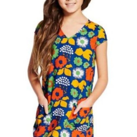 Marimeko Girls Floral Blue Orange Green Yellow - Picture 1 of 5